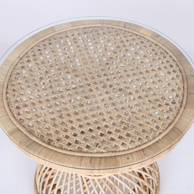 Traditional Chinese Handwoven Indonesian Rattan Side Table - Hourglass Round End Table For Living Room Cuvalon
