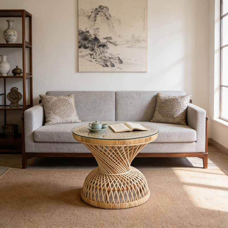 Traditional Chinese Handwoven Indonesian Rattan Side Table - Hourglass Round End Table For Living Room Cuvalon