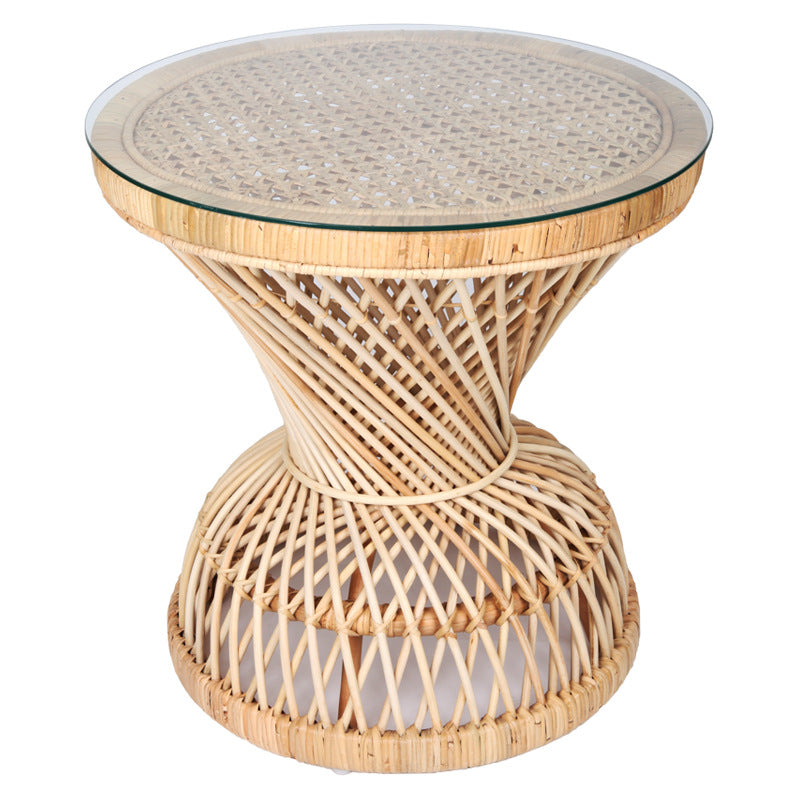 Traditional Chinese Handwoven Indonesian Rattan Side Table - Hourglass Round End Table For Living Room Cuvalon
