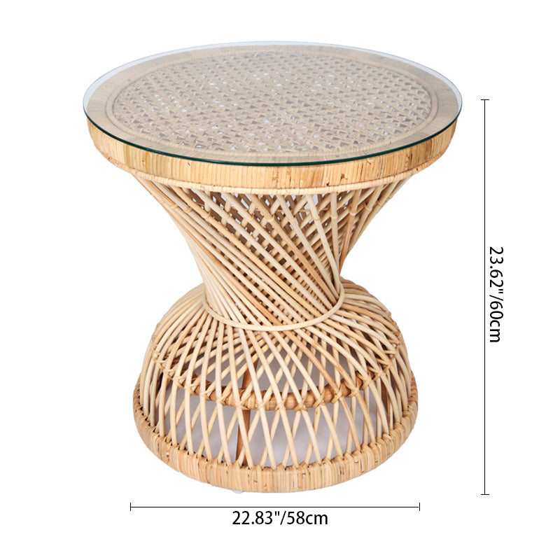 Traditional Chinese Handwoven Indonesian Rattan Side Table - Hourglass Round End Table For Living Room Cuvalon