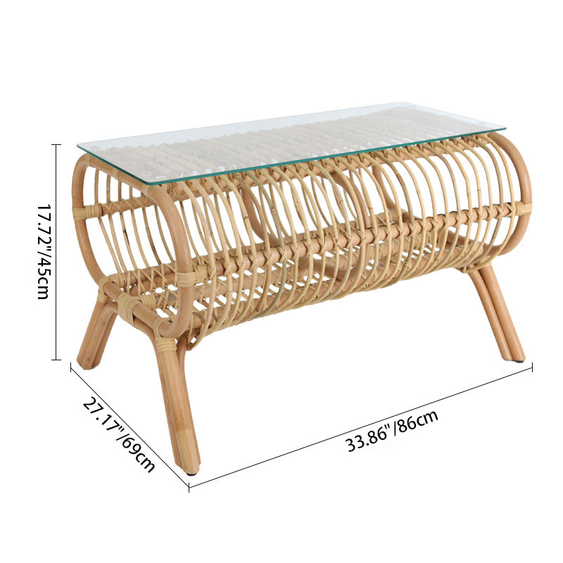 Traditional Japanese Bamboo Rattan Coffee Table With Glass Top - Elongated Profile Side Table For Living Room Cuvalon