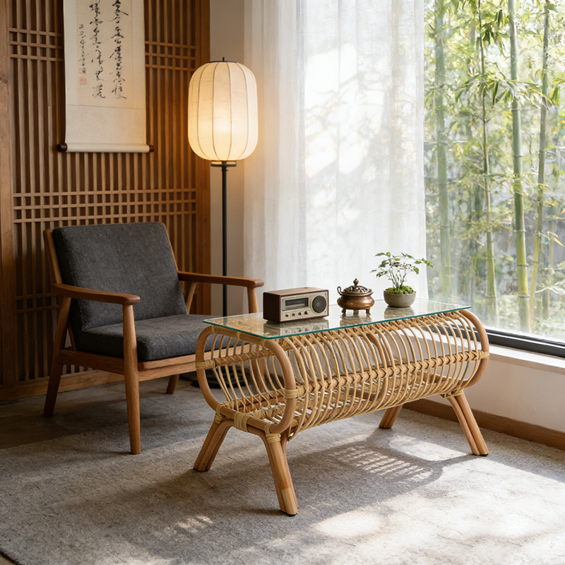 Traditional Japanese Bamboo Rattan Coffee Table With Glass Top - Elongated Profile Side Table For Living Room Cuvalon