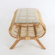 Traditional Japanese Bamboo Rattan Coffee Table With Glass Top - Elongated Profile Side Table For Living Room Cuvalon