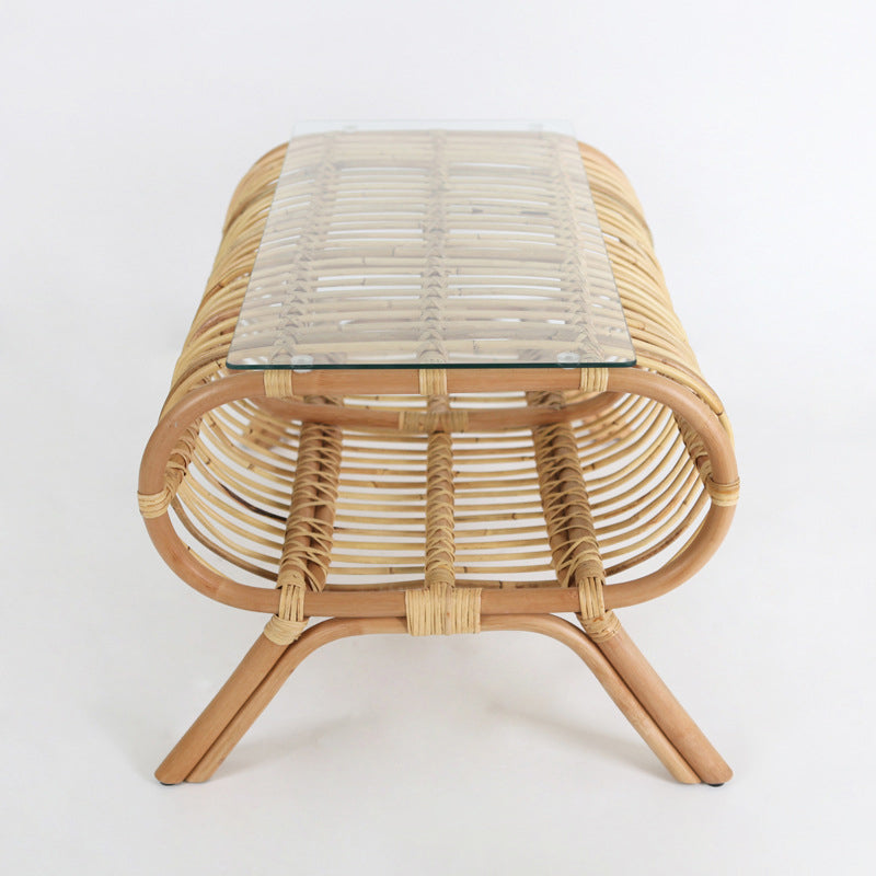 Traditional Japanese Bamboo Rattan Coffee Table With Glass Top - Elongated Profile Side Table For Living Room Cuvalon