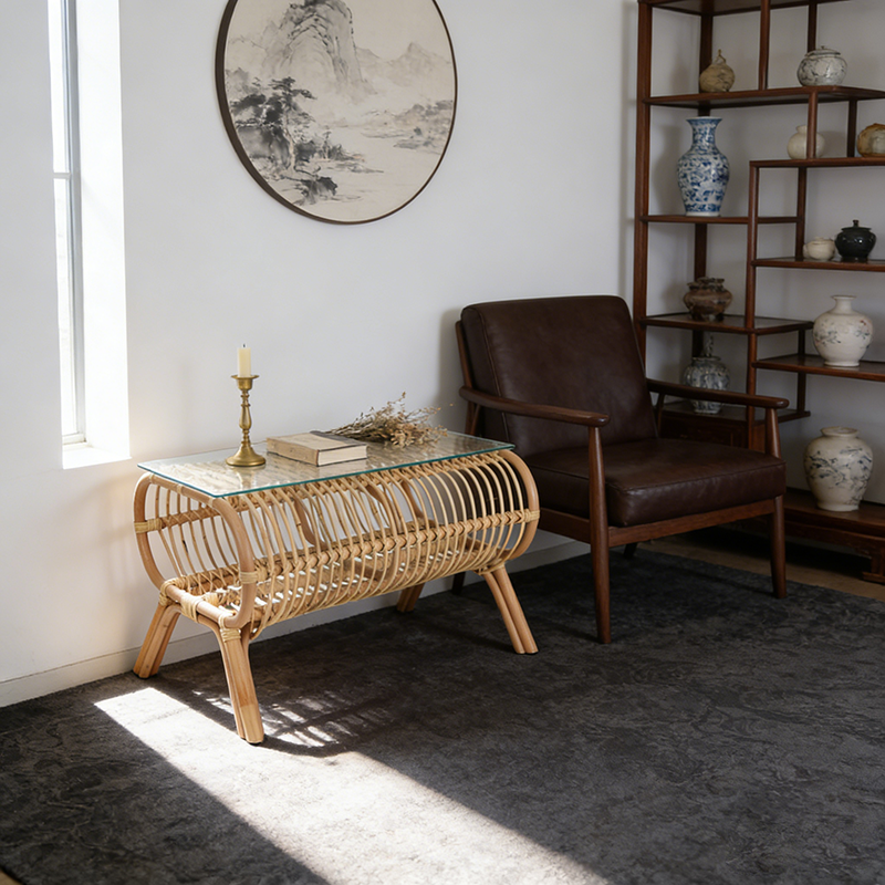 Traditional Japanese Bamboo Rattan Coffee Table With Glass Top - Elongated Profile Side Table For Living Room Cuvalon
