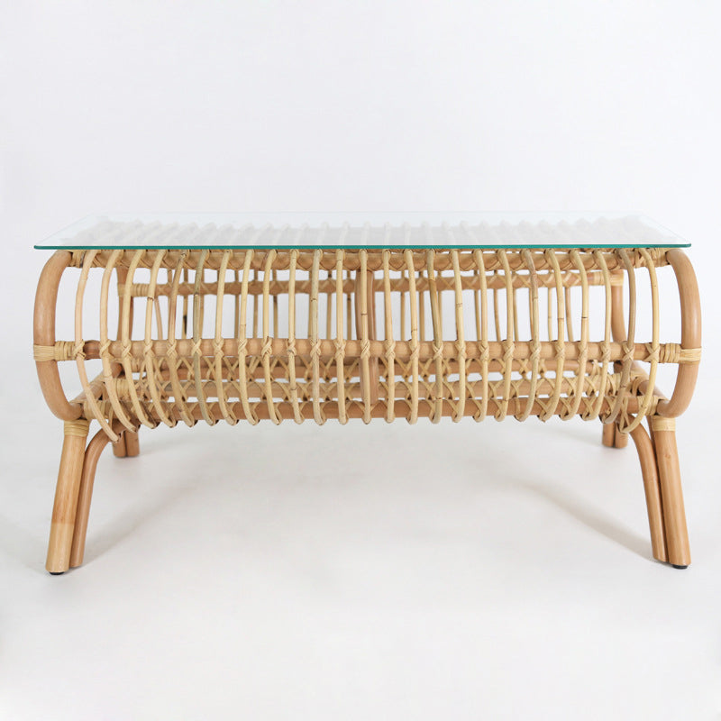 Traditional Japanese Bamboo Rattan Coffee Table With Glass Top - Elongated Profile Side Table For Living Room Cuvalon