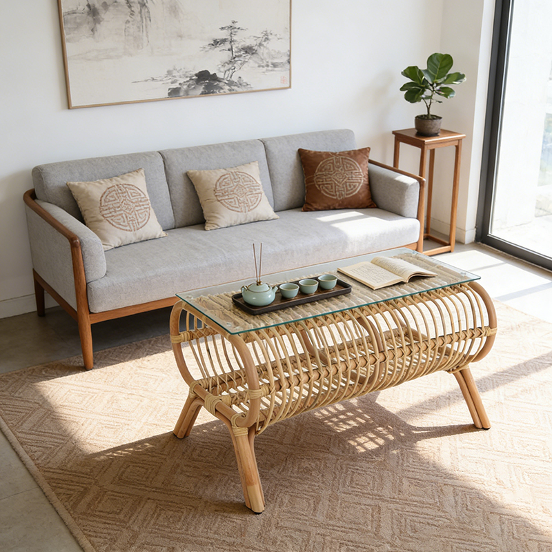 Traditional Japanese Bamboo Rattan Coffee Table With Glass Top - Elongated Profile Side Table For Living Room Cuvalon