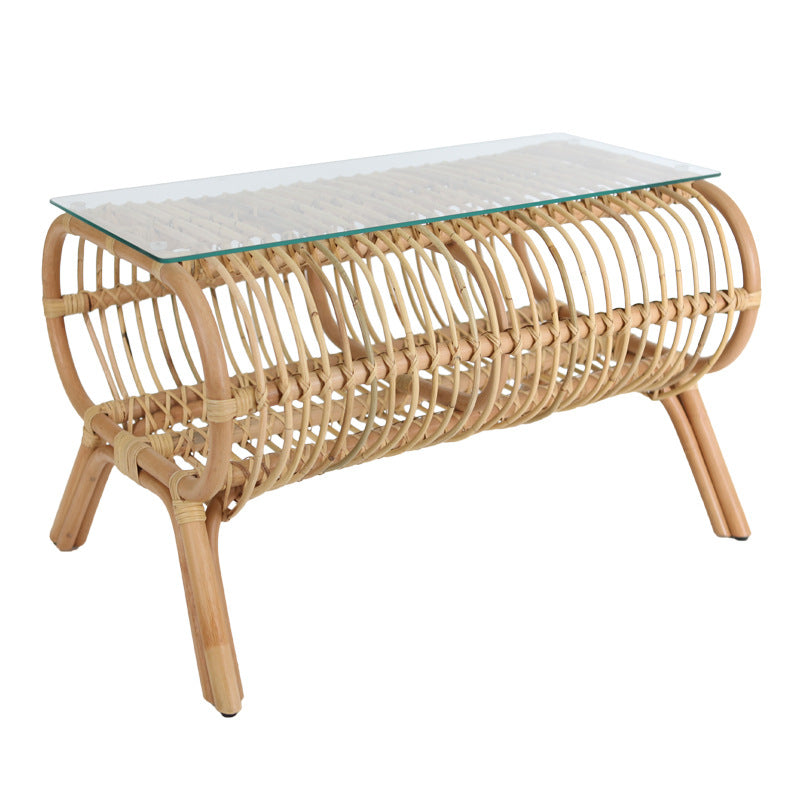 Traditional Japanese Bamboo Rattan Coffee Table With Glass Top - Elongated Profile Side Table For Living Room Cuvalon