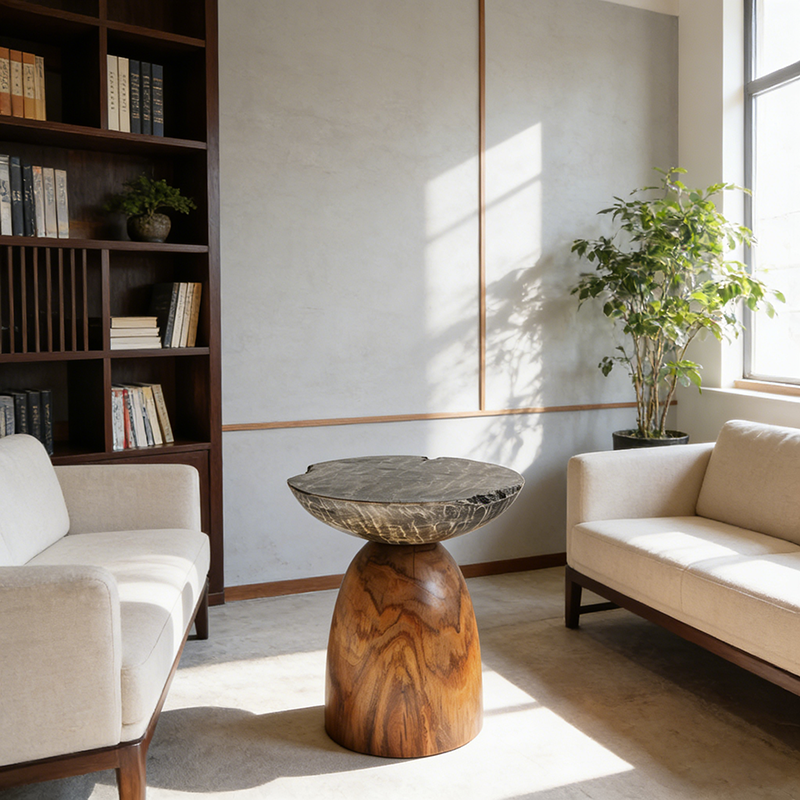 Traditional Bowl Shaped Top Coffee Table - Teak Wood Sculptural End Table For Living Room Cuvalon