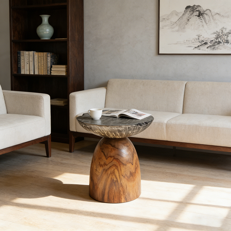 Traditional Bowl Shaped Top Coffee Table - Teak Wood Sculptural End Table For Living Room Cuvalon