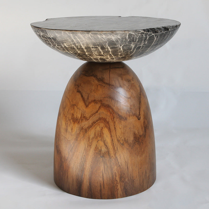 Traditional Bowl Shaped Top Coffee Table - Teak Wood Sculptural End Table For Living Room Cuvalon