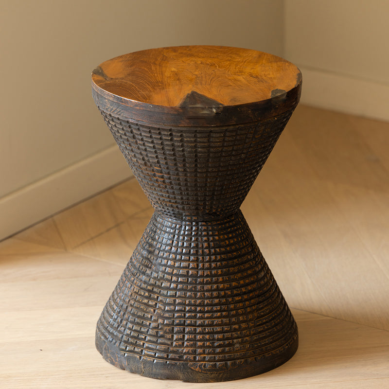 Traditional Sculptural Hourglass Coffee Table - Teak Wood Handmade Statement End Table For Living Room Cuvalon