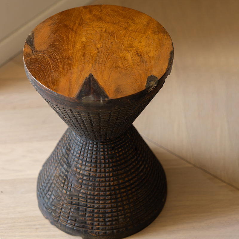 Traditional Sculptural Hourglass Coffee Table - Teak Wood Handmade Statement End Table For Living Room Cuvalon