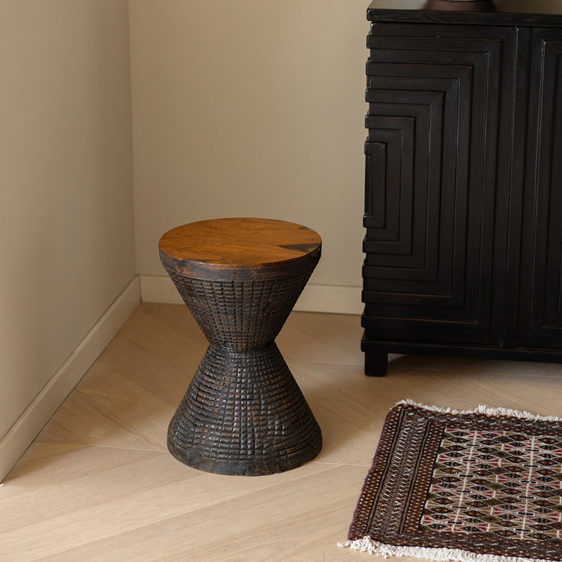 Traditional Sculptural Hourglass Coffee Table - Teak Wood Handmade Statement End Table For Living Room Cuvalon