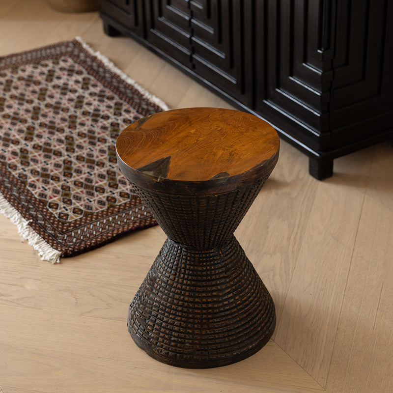 Traditional Sculptural Hourglass Coffee Table - Teak Wood Handmade Statement End Table For Living Room Cuvalon
