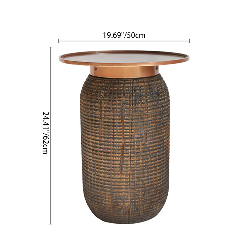 Traditional Teak Wood Coffee Table With Metal Tray Top - Oriental Sculptural Carved Texture End Table For Living Room Cuvalon