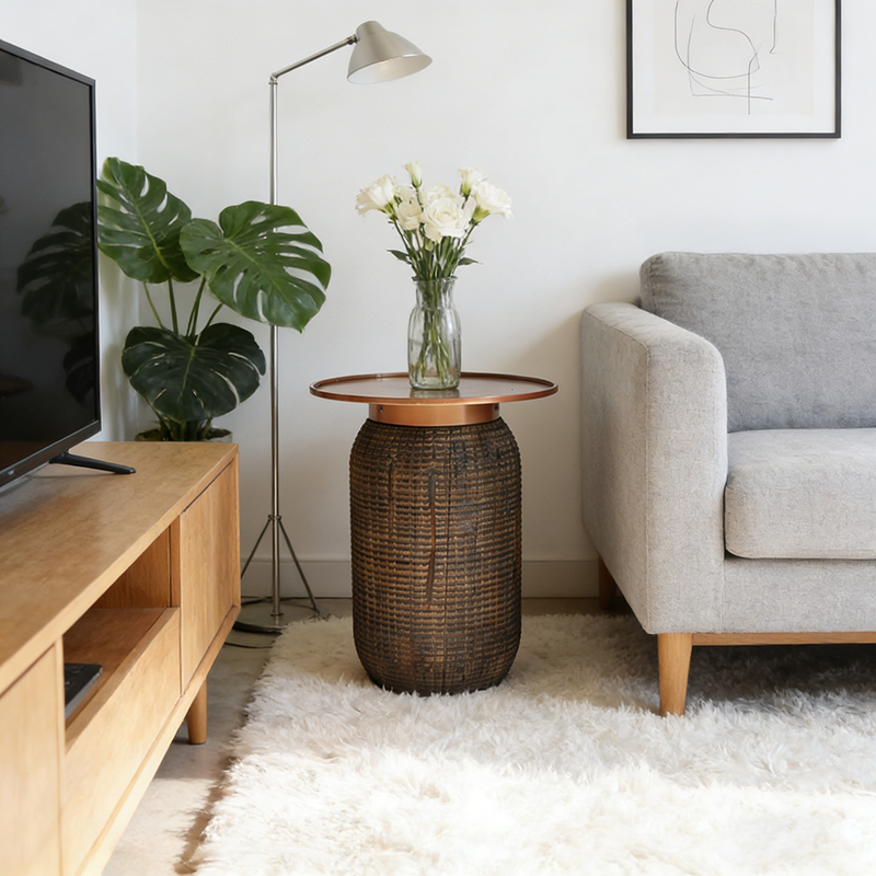 Traditional Teak Wood Coffee Table With Metal Tray Top - Oriental Sculptural Carved Texture End Table For Living Room Cuvalon