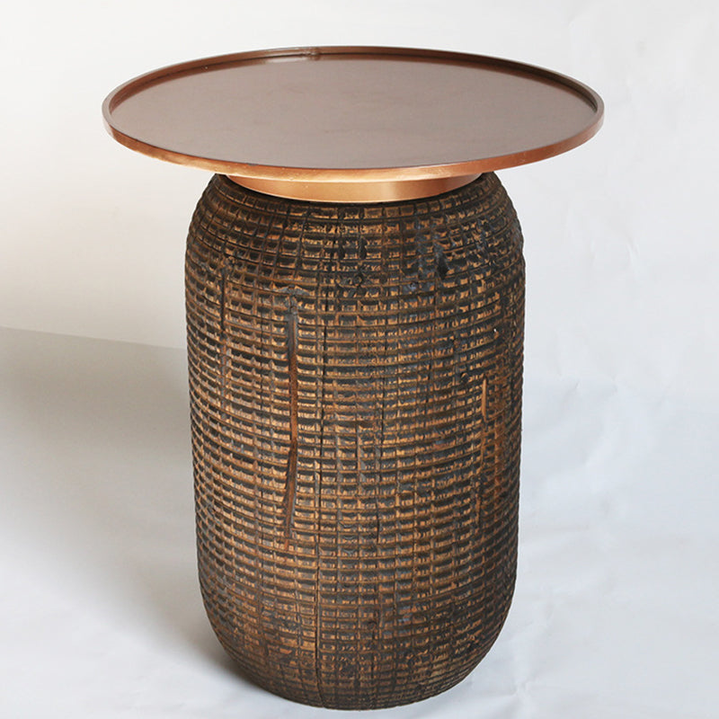 Traditional Teak Wood Coffee Table With Metal Tray Top - Oriental Sculptural Carved Texture End Table For Living Room Cuvalon