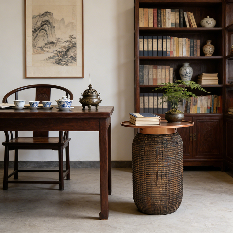 Traditional Teak Wood Coffee Table With Metal Tray Top - Oriental Sculptural Carved Texture End Table For Living Room Cuvalon