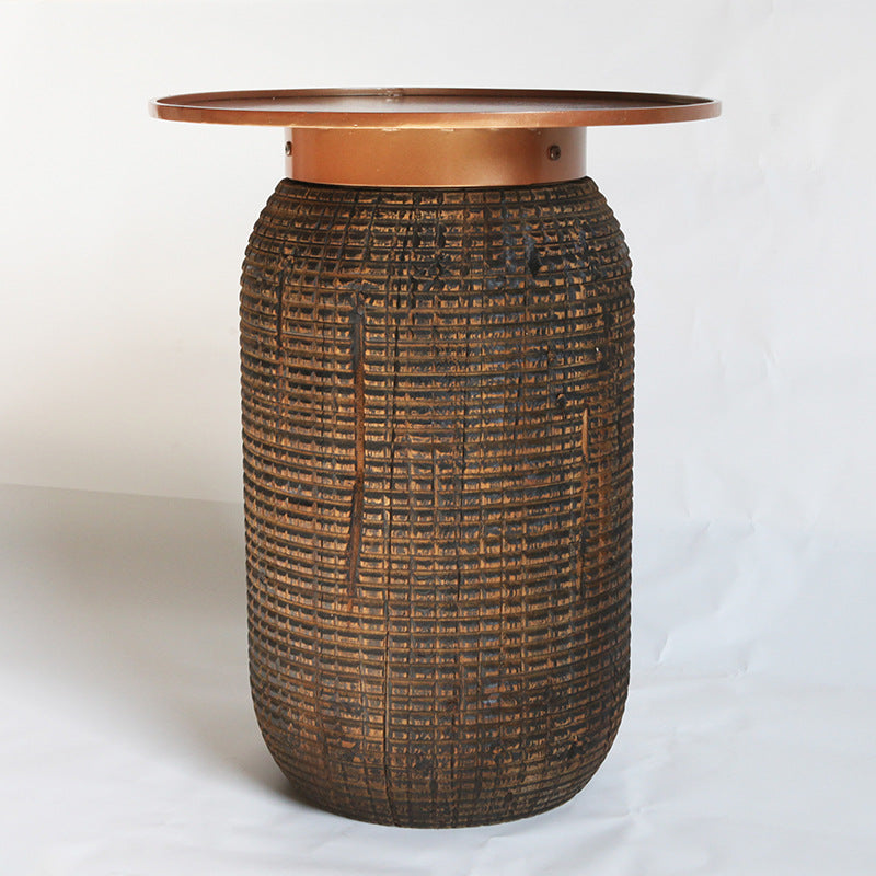 Traditional Teak Wood Coffee Table With Metal Tray Top - Oriental Sculptural Carved Texture End Table For Living Room Cuvalon