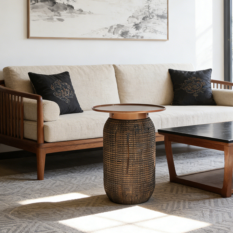 Traditional Teak Wood Coffee Table With Metal Tray Top - Oriental Sculptural Carved Texture End Table For Living Room Cuvalon