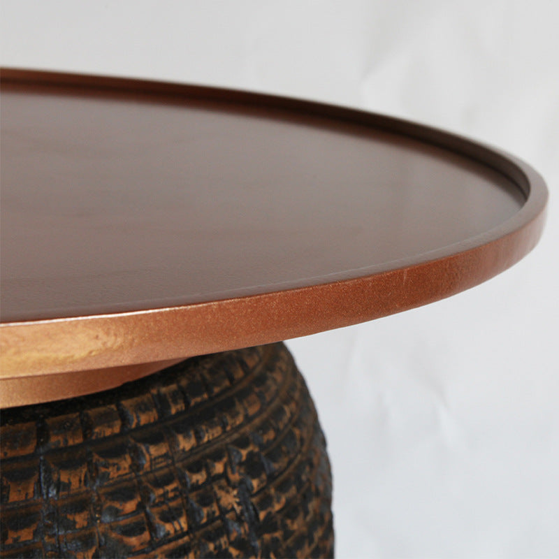 Traditional Teak Wood Coffee Table With Metal Tray Top - Oriental Sculptural Carved Texture End Table For Living Room Cuvalon