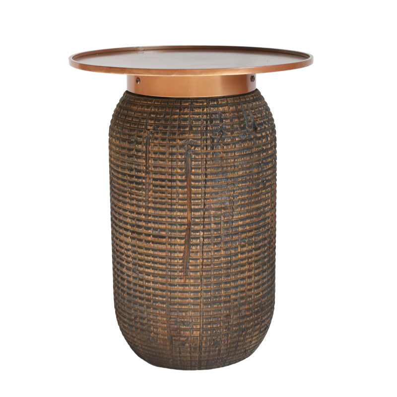 Traditional Teak Wood Coffee Table With Metal Tray Top - Oriental Sculptural Carved Texture End Table For Living Room Cuvalon