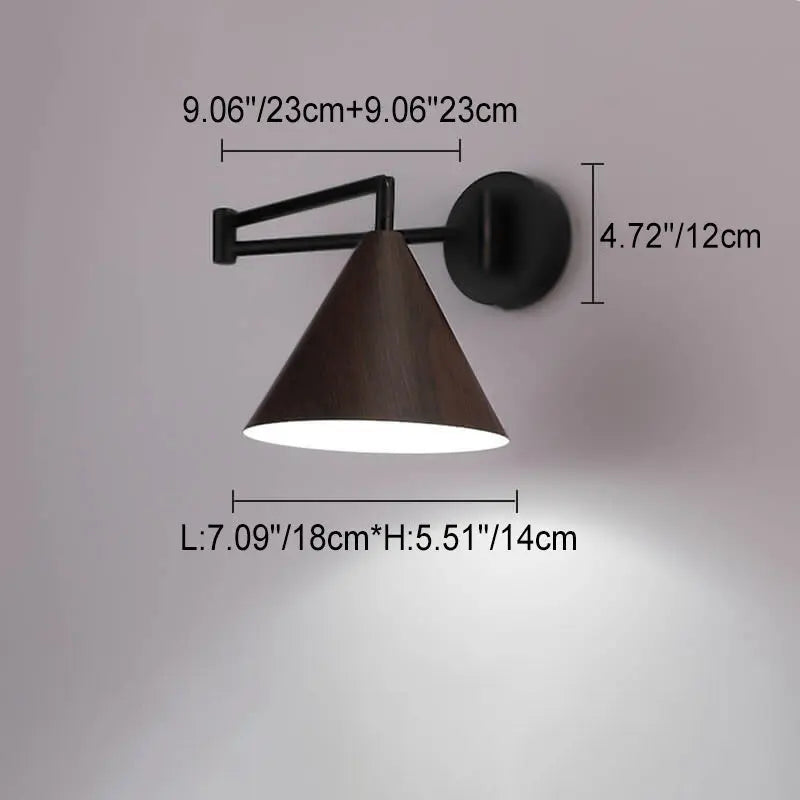 Nordic Minimalist Cone Swing Arm Wood Grain Iron 1-Light Wall Sconce Lamp Cuvalon