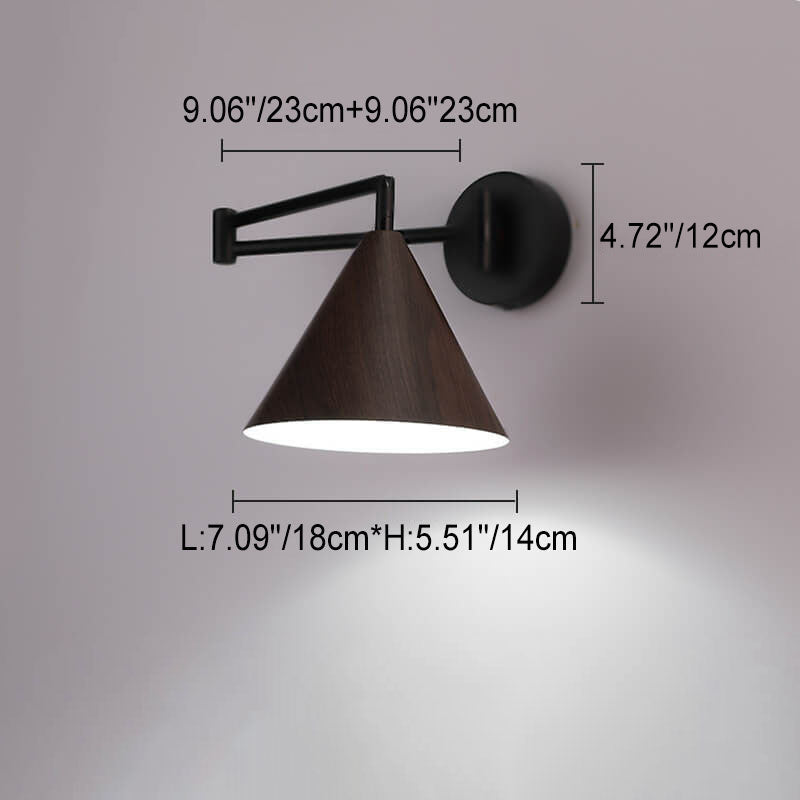 Nordic Minimalist Cone Swing Arm Wood Grain Iron 1-Light Wall Sconce Lamp Cuvalon