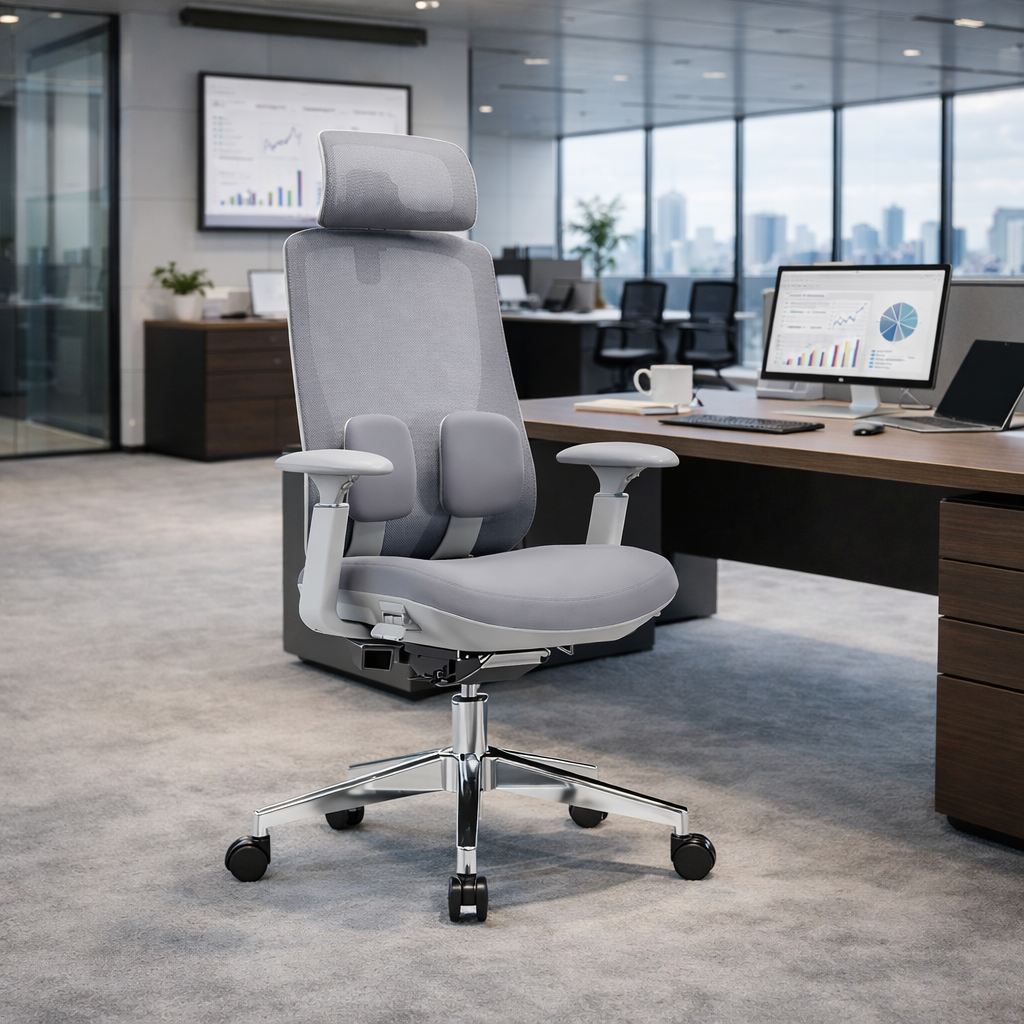Modern Ergonomic High-Back Executive Chair - 4D Tri-Joint Headrest & Adaptive Lumbar Support Mesh Office Chair For Home Office Cuvalon