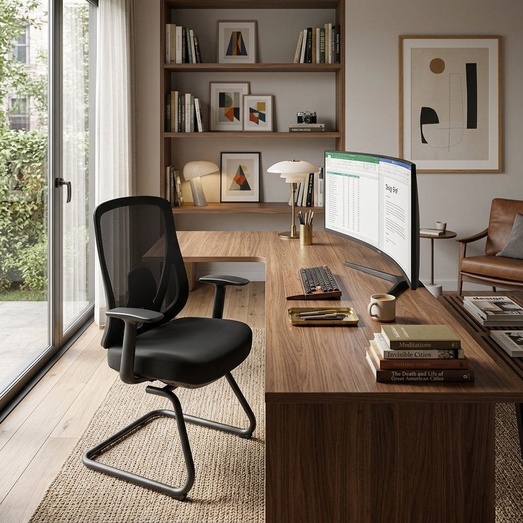Sleek Minimalist Bow Reception Chair - Breathable Mesh Pressure-Relief Cushion High-Resilience Sponge Desk Chair For Home Office Cuvalon