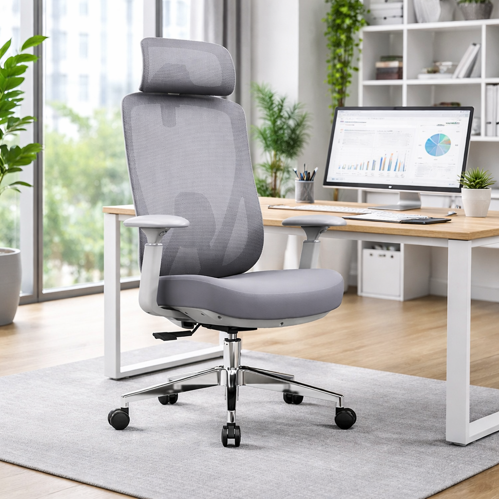 Modern Minimalist Grey High-Back Mesh Executive Chair - 4D Adjustable Headrest & Tilt Ergonomic Office Chair For Home Office Cuvalon