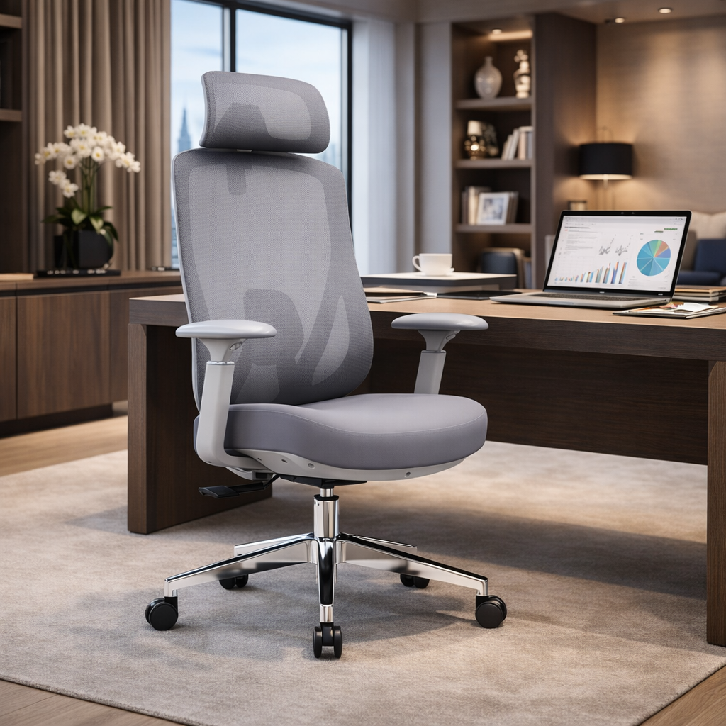 Modern Minimalist Grey High-Back Mesh Executive Chair - 4D Adjustable Headrest & Tilt Ergonomic Office Chair For Home Office Cuvalon