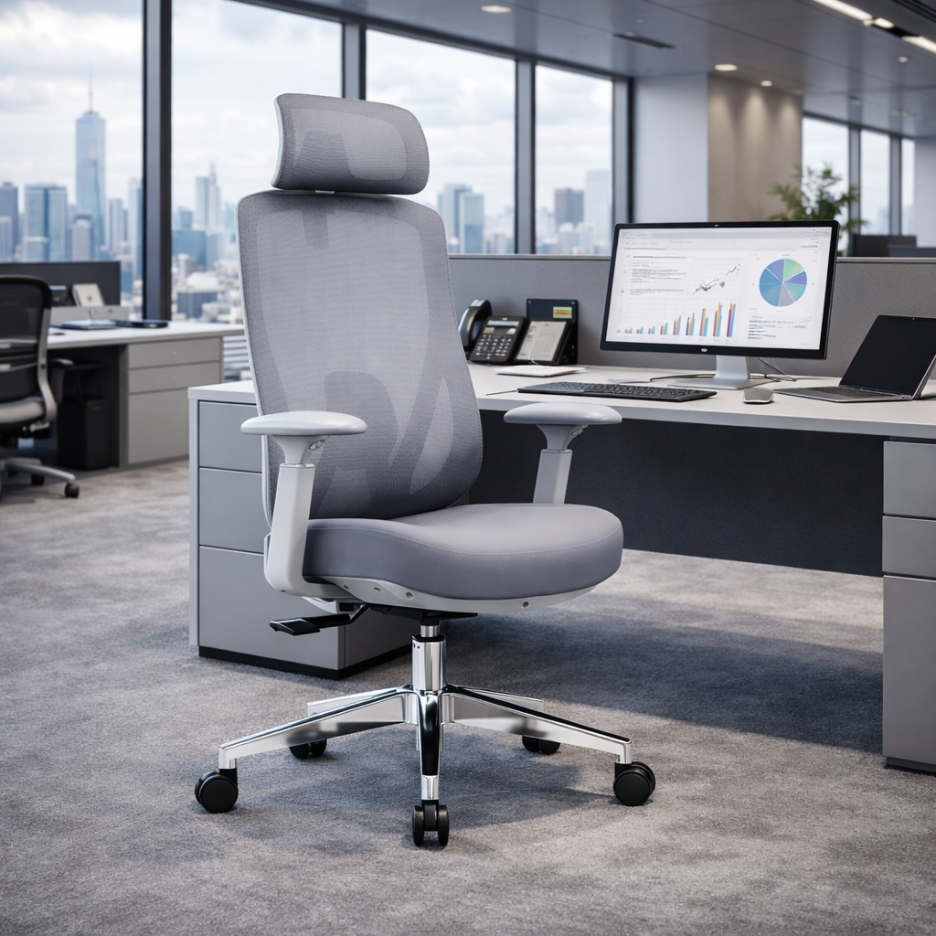 Modern Minimalist Grey High-Back Mesh Executive Chair - 4D Adjustable Headrest & Tilt Ergonomic Office Chair For Home Office Cuvalon