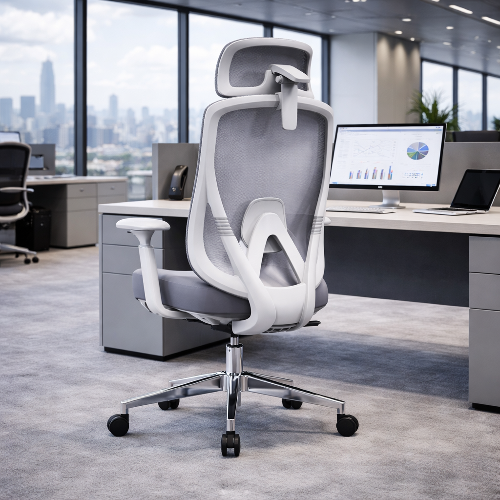 Modern Minimalist Grey High-Back Mesh Executive Chair - 4D Adjustable Headrest & Tilt Ergonomic Office Chair For Home Office Cuvalon