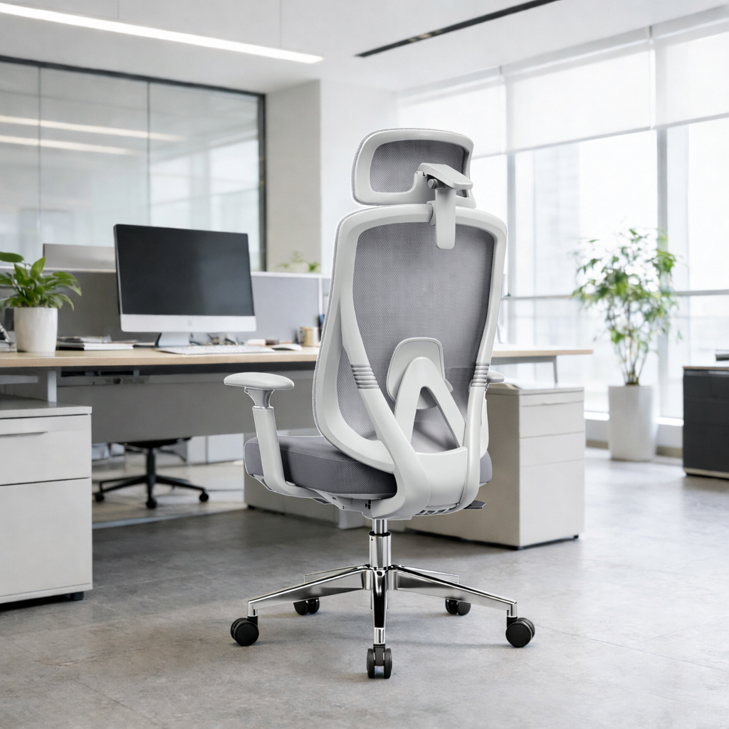 Modern Minimalist Grey High-Back Mesh Executive Chair - 4D Adjustable Headrest & Tilt Ergonomic Office Chair For Home Office Cuvalon