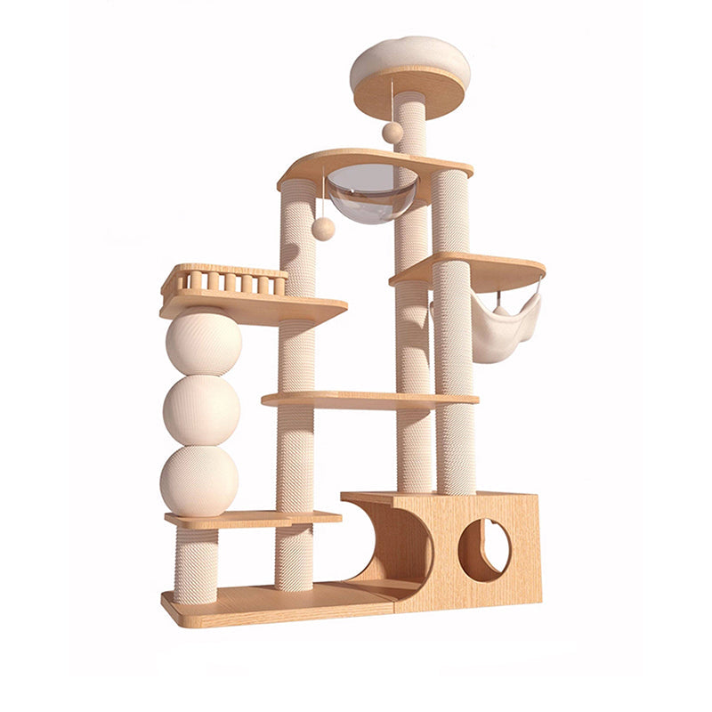 Contemporary Scandinavian Rectangular Rubberwood Plywood Pine Wood Pillar Velvet Fabric Hemp Rope Acrylic Cat Tree 3-Condo 5-Perch For Bedroom Cuvalon