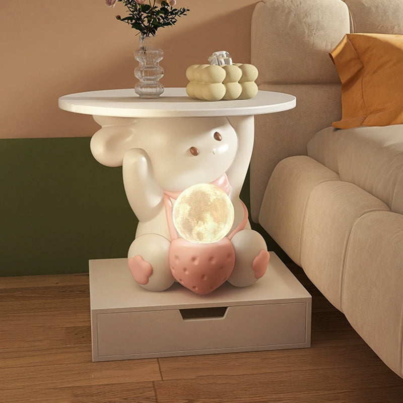 Modern Art Deco Kids Rabbit Round Plate Rectangular Drawer Resin Wood Enamel End Table 1-Drawer With LED Light For Bedroom Cuvalon